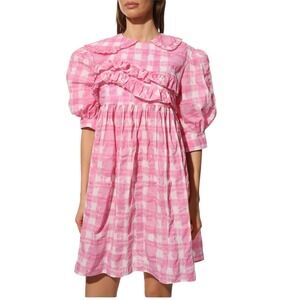 Vivetta tiedye check ruffled Pink White‎ mini dress Collar Puff Sleeve plaid 38